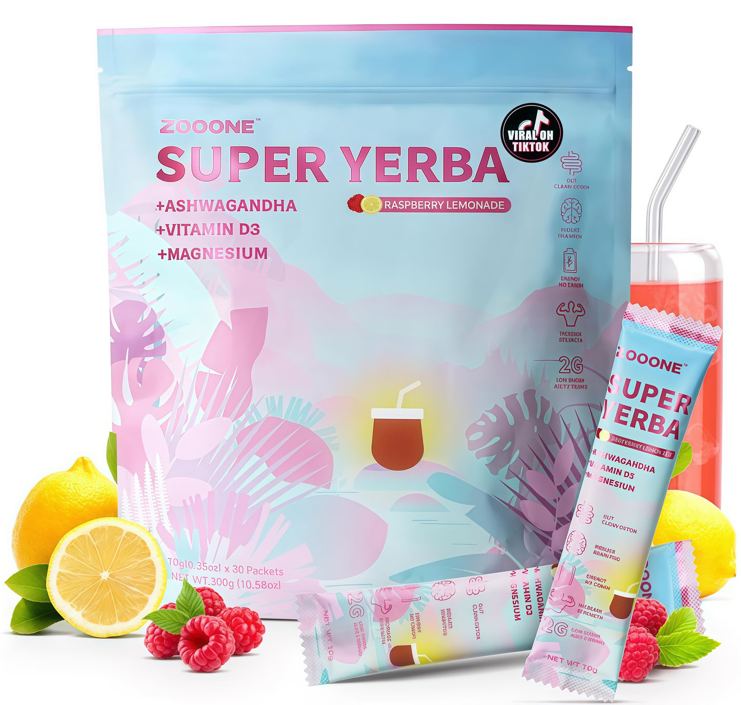 ZOOONE Super Yerba Mate tea Instant Powder30 Packets- Raspberry Lemonade FlavorServings Clean Energy & Focus Boost Brain FogBuster Gut Support, Antioxidants
