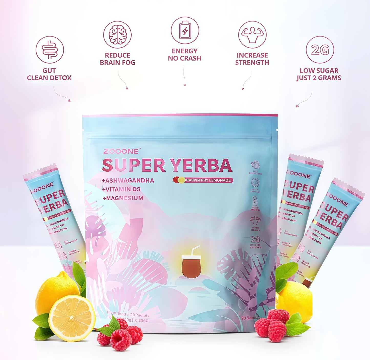 ZOOONE Super Yerba Mate tea Instant Powder30 Packets- Raspberry Lemonade FlavorServings Clean Energy & Focus Boost Brain FogBuster Gut Support, Antioxidants