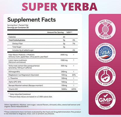 ZOOONE Super Yerba Mate tea Instant Powder30 Packets- Raspberry Lemonade FlavorServings Clean Energy & Focus Boost Brain FogBuster Gut Support, Antioxidants